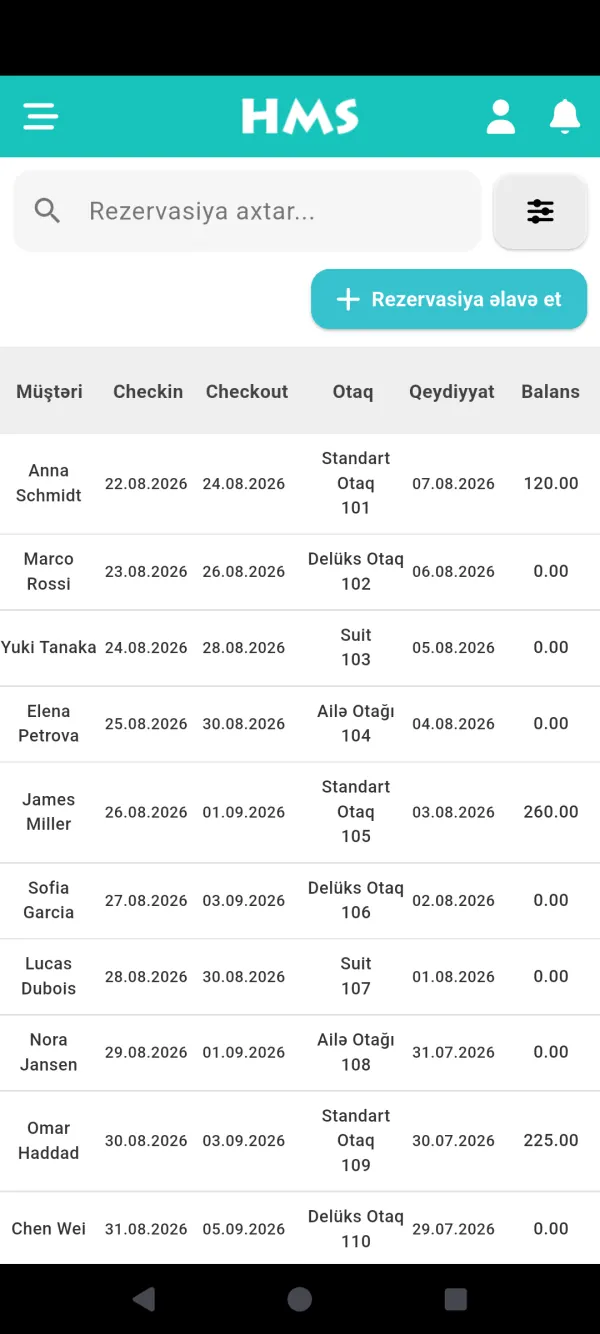 Android telefon üzərində HMS Flow tətbiqi — Rezervasiyalar