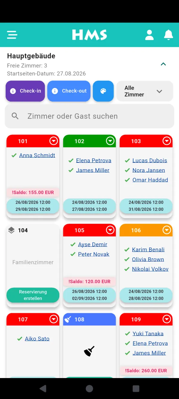 HMS Flow App auf Android-Smartphone — Zimmerübersicht