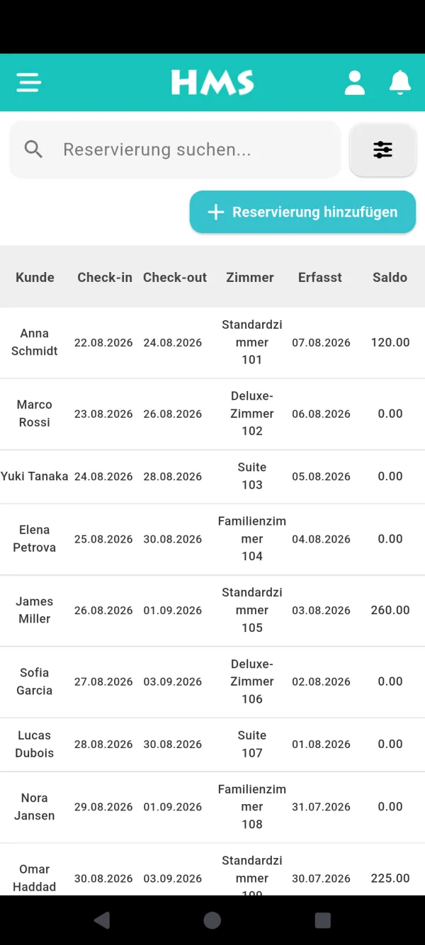 HMS Flow App auf Android-Smartphone — Reservierungen