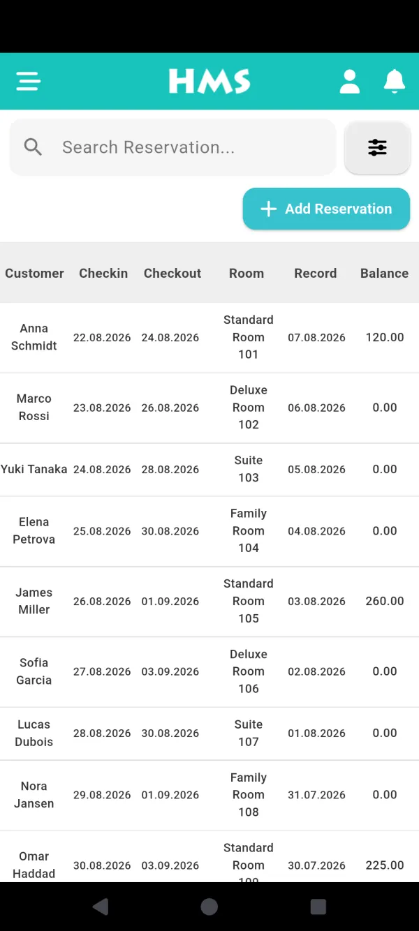 HMS Flow app on Android phone — Reservations