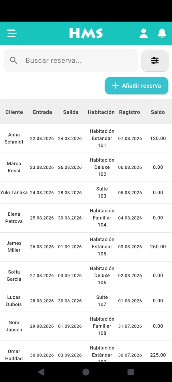 Aplicación HMS Flow en Teléfono Android — Reservas