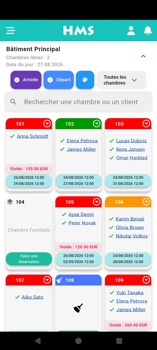 Application HMS Flow sur Téléphone Android — Tableau des chambres