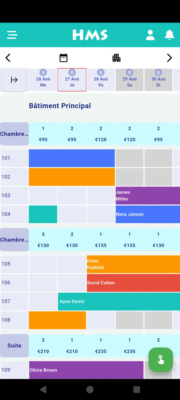Application HMS Flow sur Téléphone Android — Plan des chambres