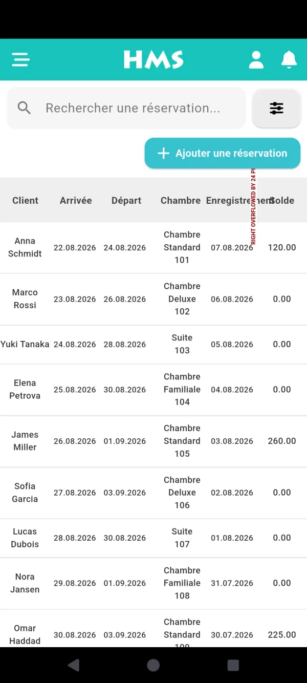 Application HMS Flow sur Téléphone Android — Réservations