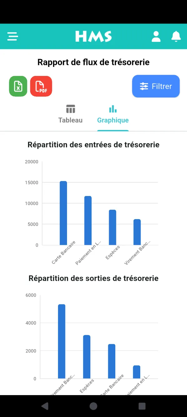Application HMS Flow sur Téléphone Android — Flux de trésorerie et graphiques