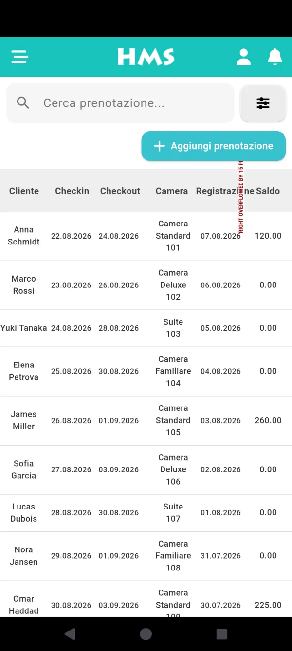 App HMS Flow su Telefono Android — Prenotazioni