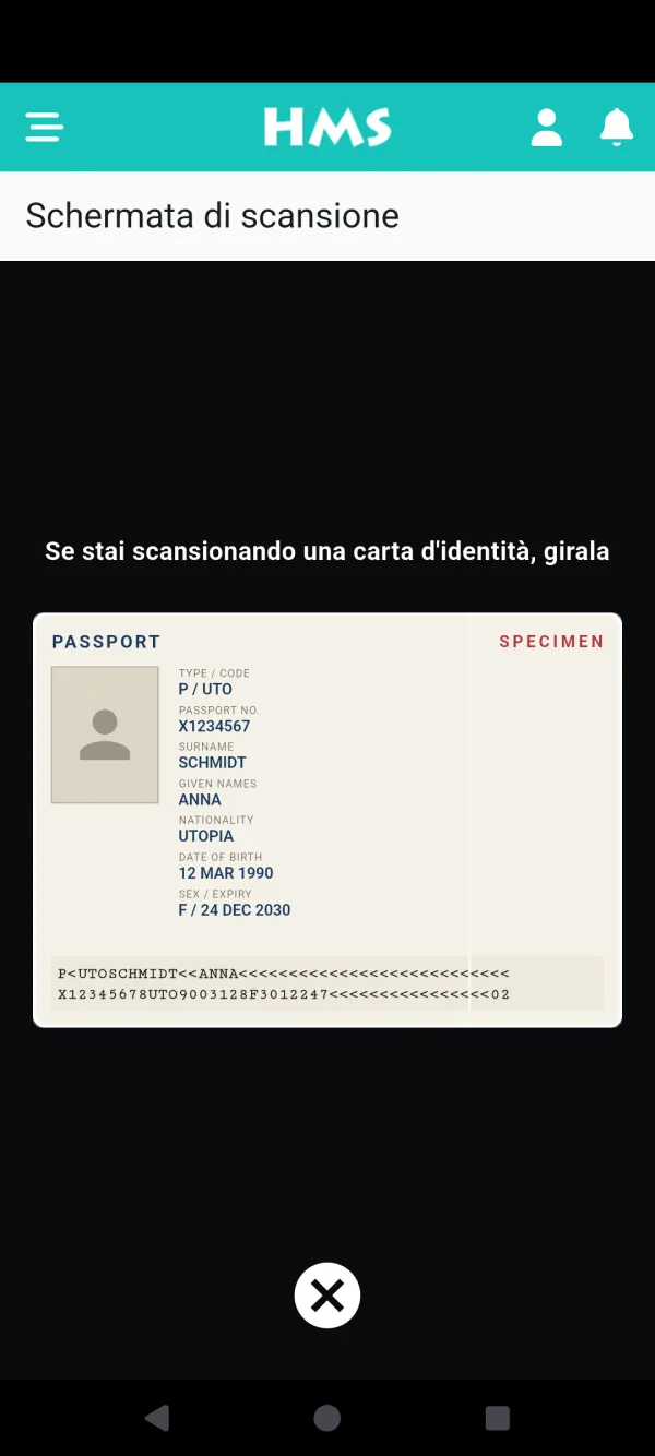 App HMS Flow su Telefono Android — Scanner passaporti e documenti
