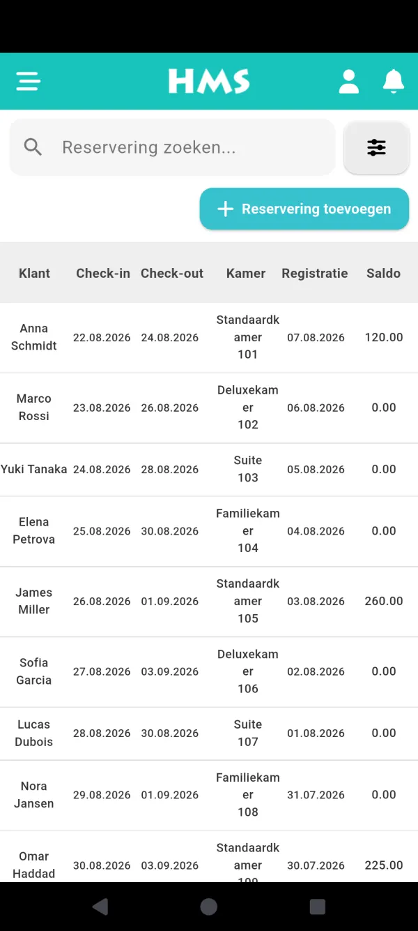 HMS Flow-app op Android-telefoon — Reserveringen