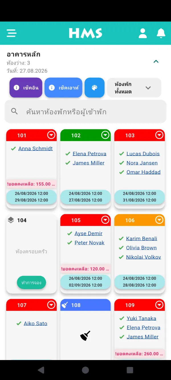 แอป HMS Flow บน โทรศัพท์ Android — แดชบอร์ดห้องพัก