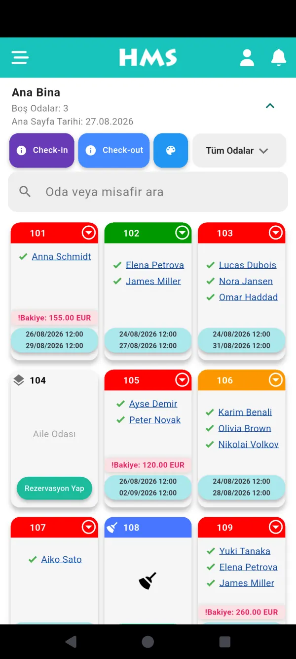 Android telefon üzerinde HMS Flow uygulaması — Oda Panosu