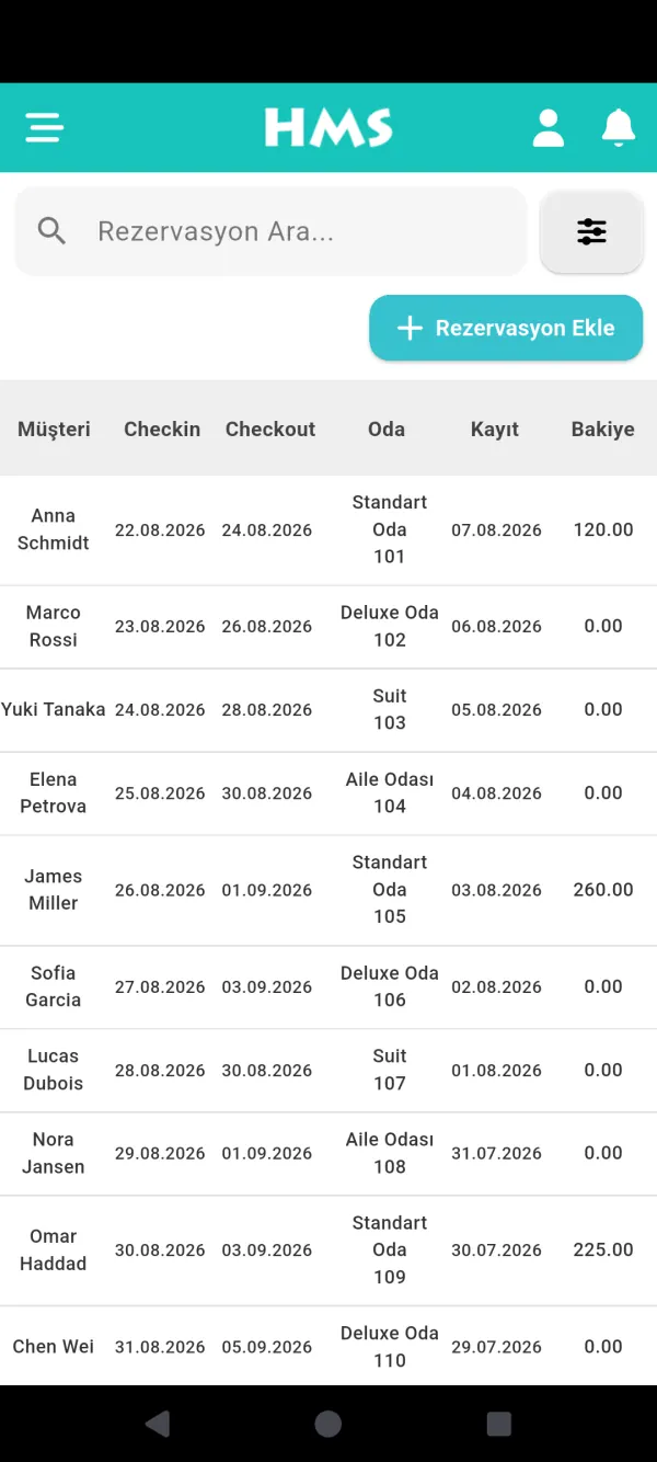 Android telefon üzerinde HMS Flow uygulaması — Rezervasyonlar