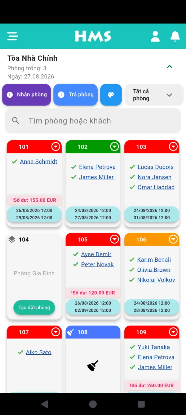 Ứng dụng HMS Flow trên Điện thoại Android — Bảng phòng