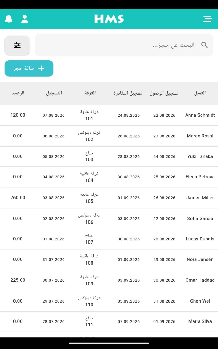 تطبيق HMS Flow على جهاز Android اللوحي — الحجوزات