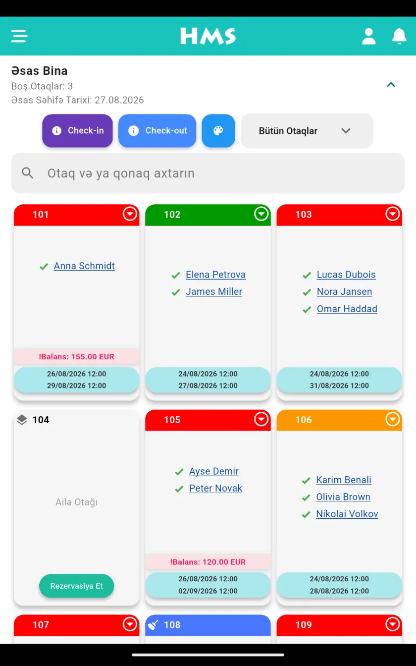 Android planşet üzərində HMS Flow tətbiqi — Otaq Paneli