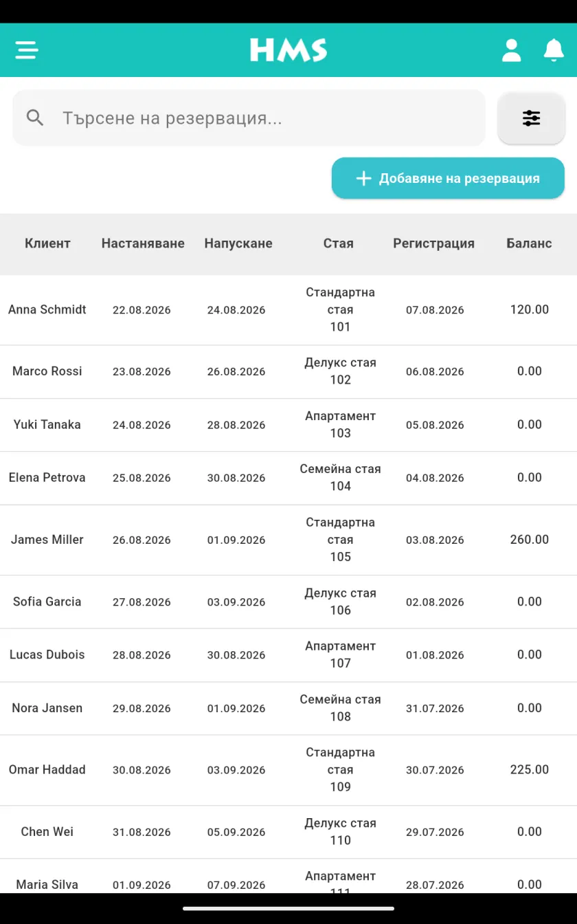 Приложението HMS Flow на Таблет с Android — Резервации