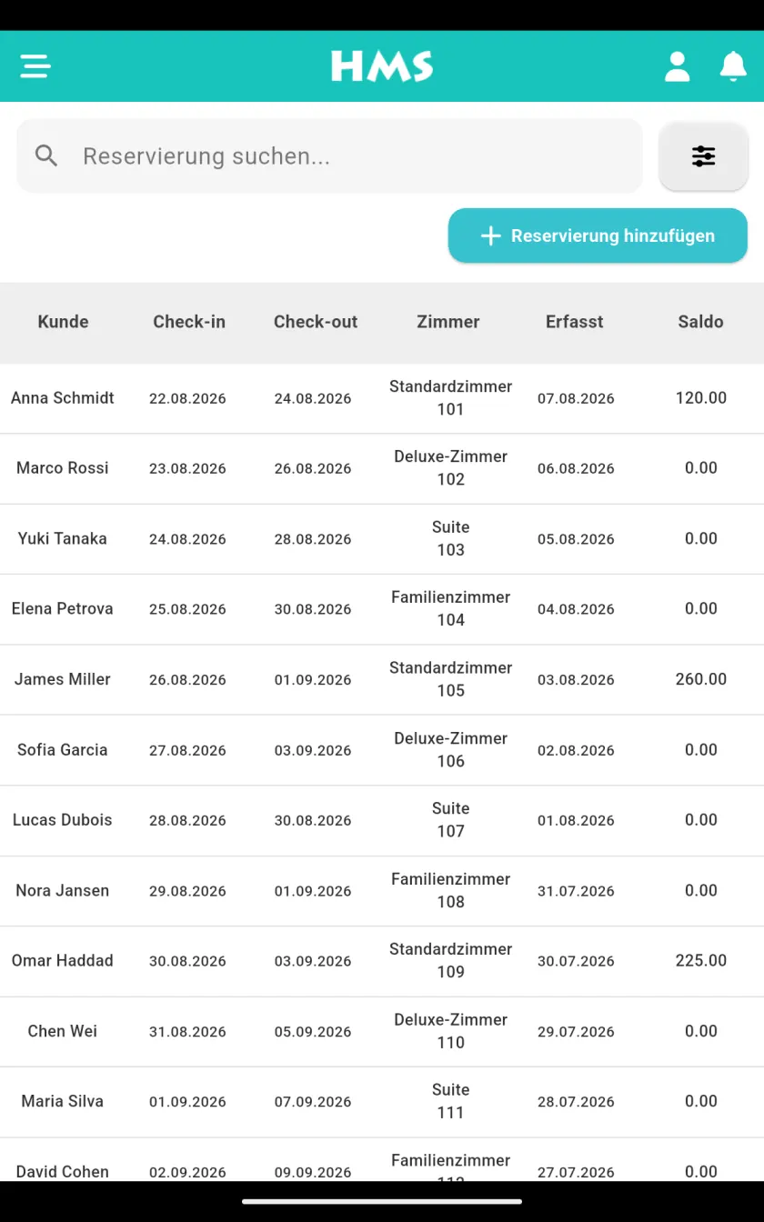 HMS Flow App auf Android-Tablet — Reservierungen