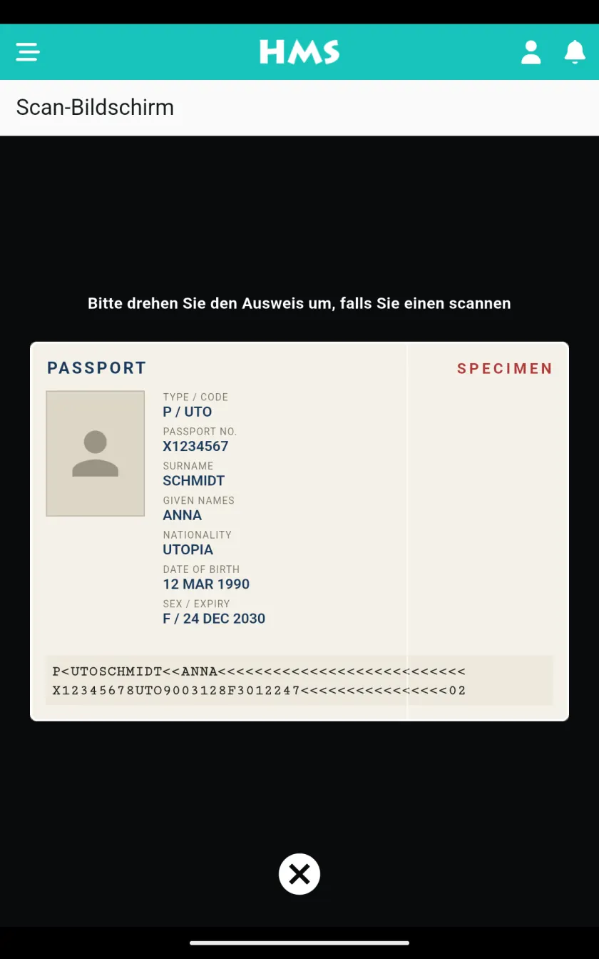 HMS Flow App auf Android-Tablet — Pass- und Ausweisscanner