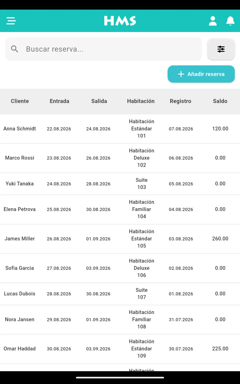 Aplicación HMS Flow en Tablet Android — Reservas