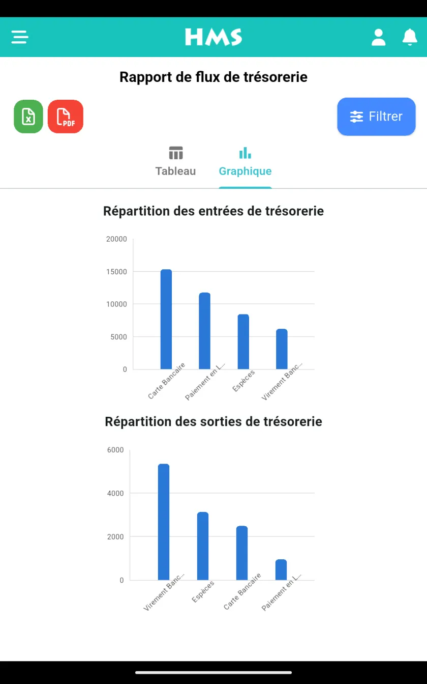 Application HMS Flow sur Tablette Android — Flux de trésorerie et graphiques