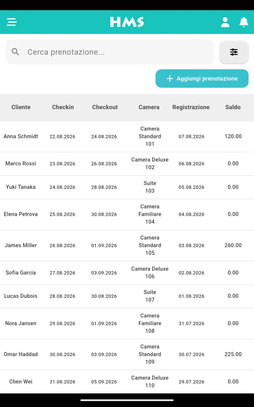 App HMS Flow su Tablet Android — Prenotazioni