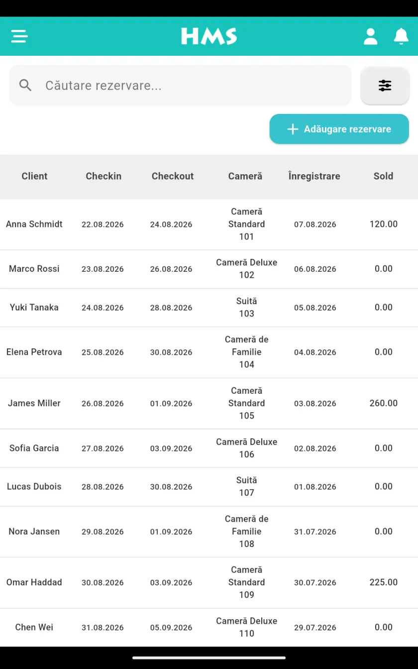 Aplicația HMS Flow pe Tabletă Android — Rezervări