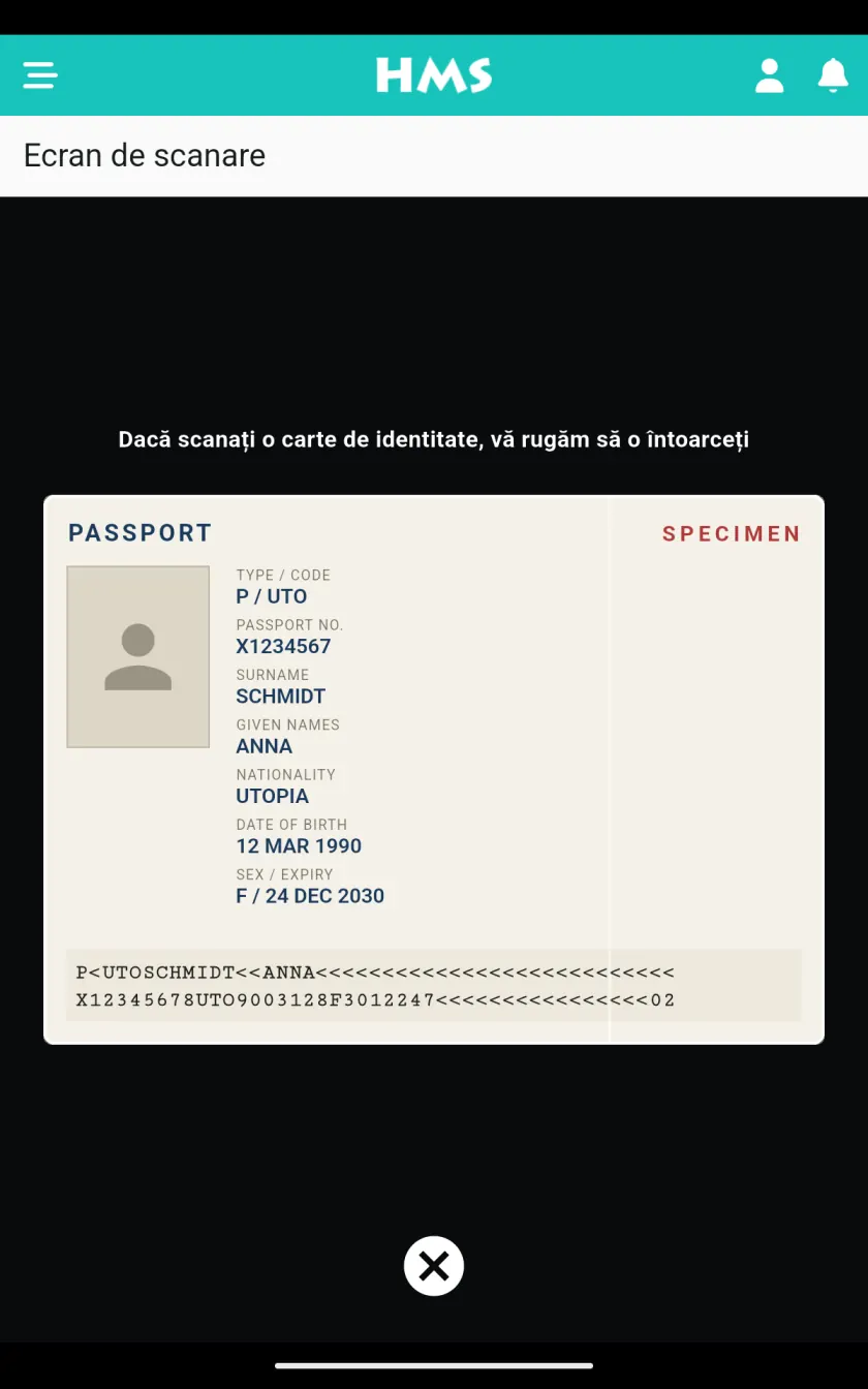 Aplicația HMS Flow pe Tabletă Android — Scaner de pașapoarte și acte de identitate