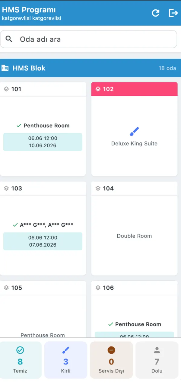 Екран статусів номерів у застосунку HMS Housekeeping