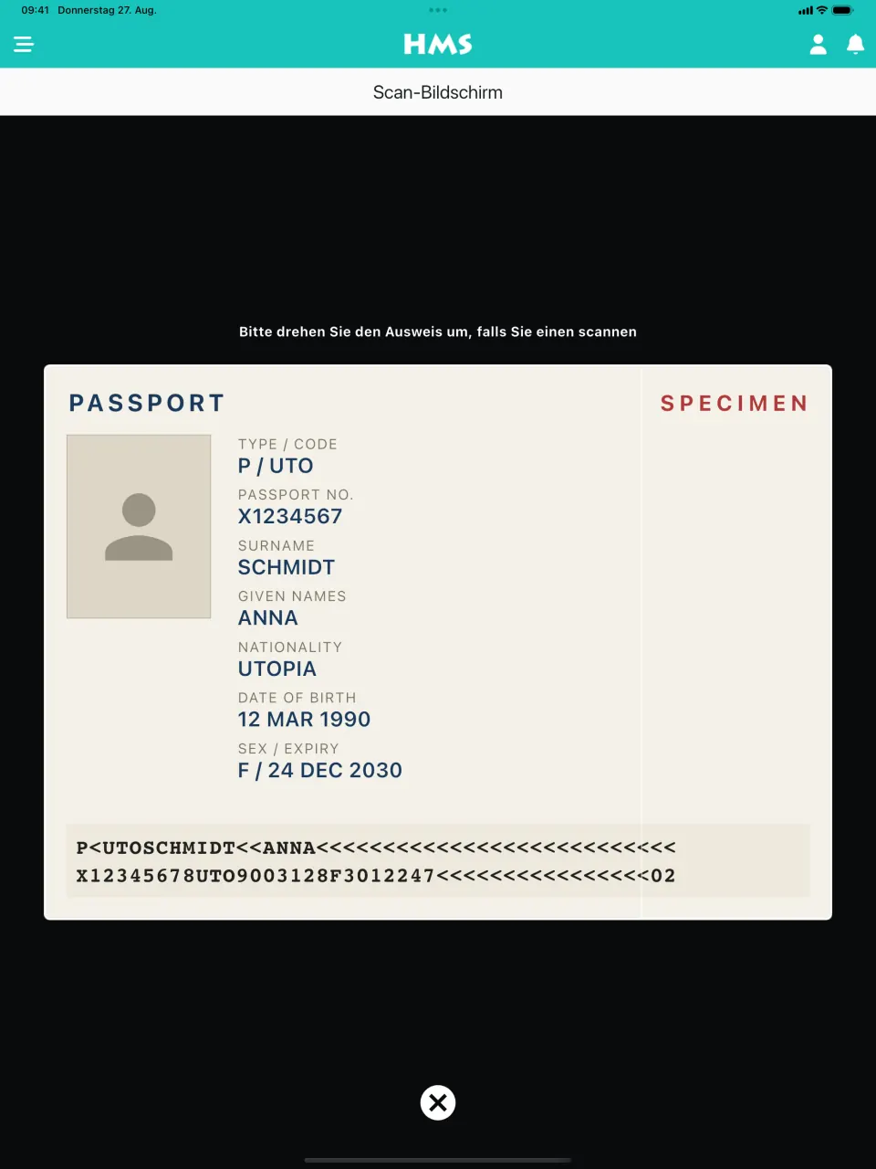 HMS Flow App auf iPad — Pass- und Ausweisscanner