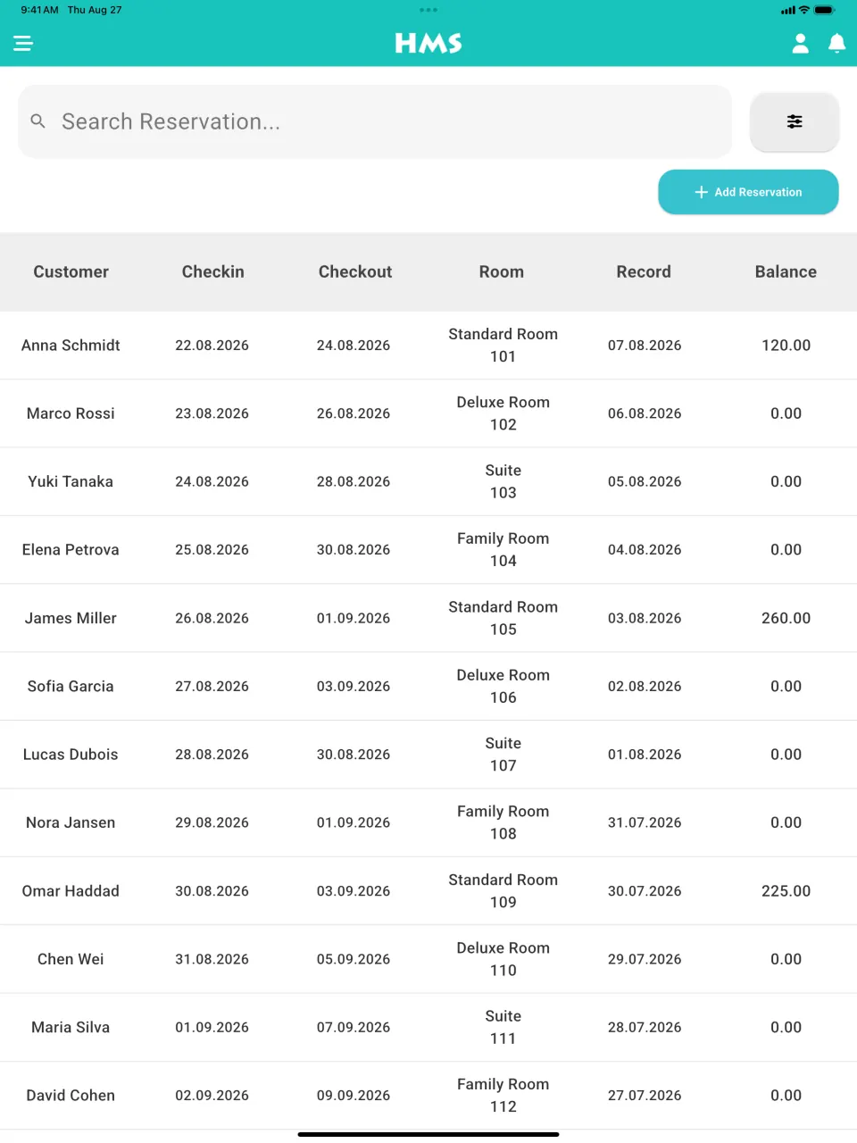 HMS Flow app on iPad — Reservations