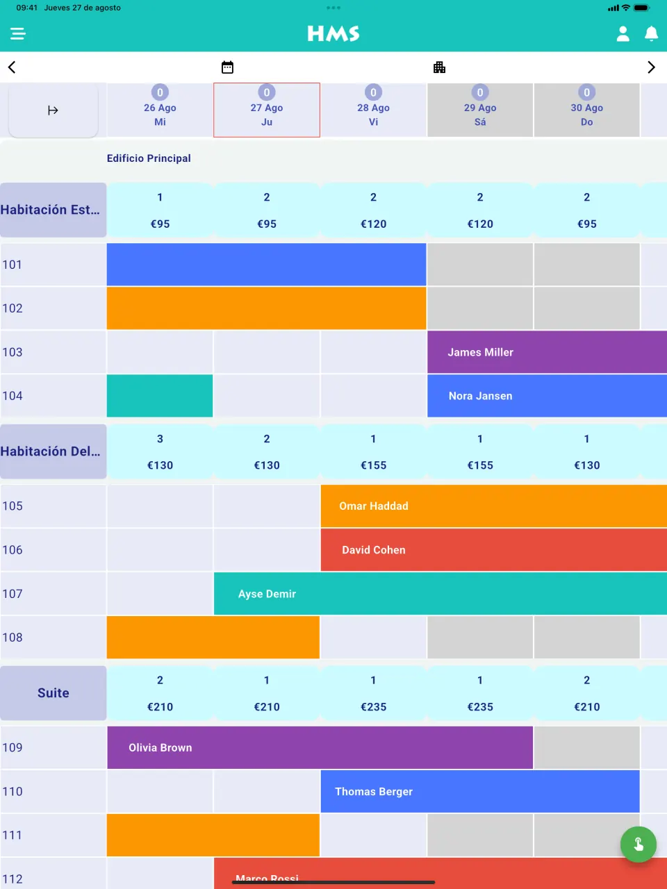 Aplicación HMS Flow en iPad — Plano de habitaciones