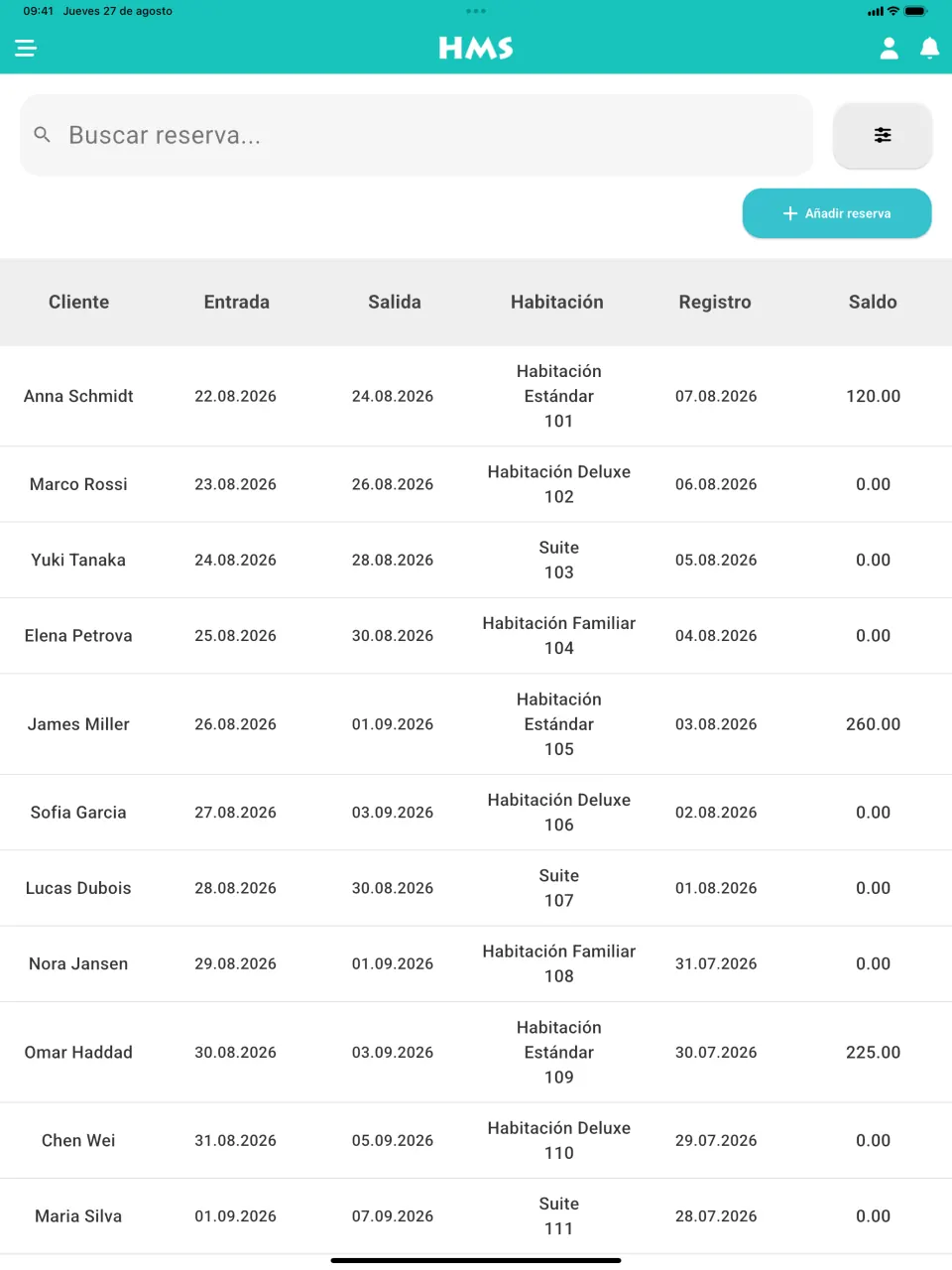 Aplicación HMS Flow en iPad — Reservas