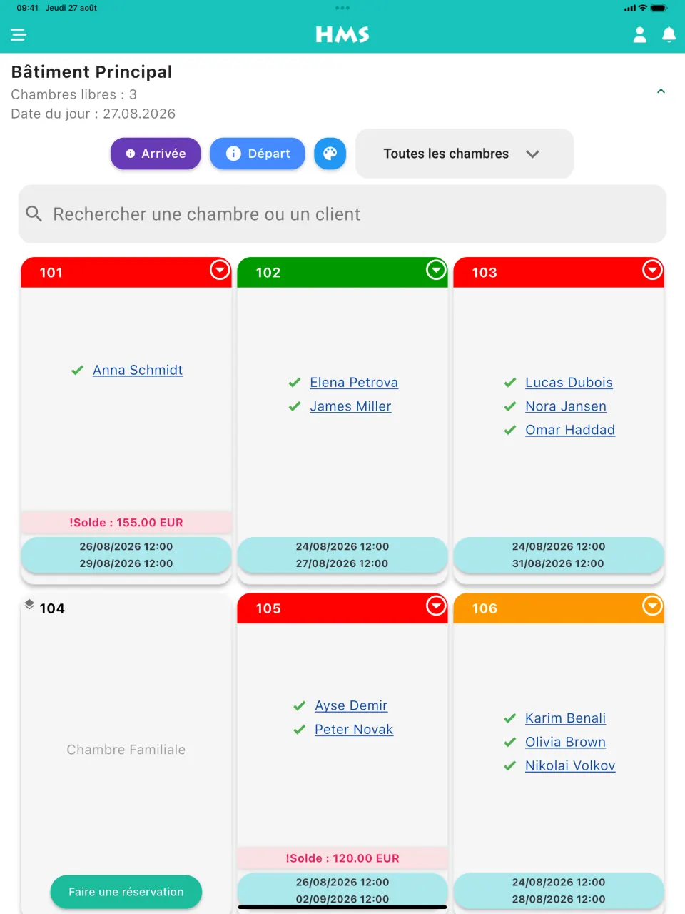 Application HMS Flow sur iPad — Tableau des chambres