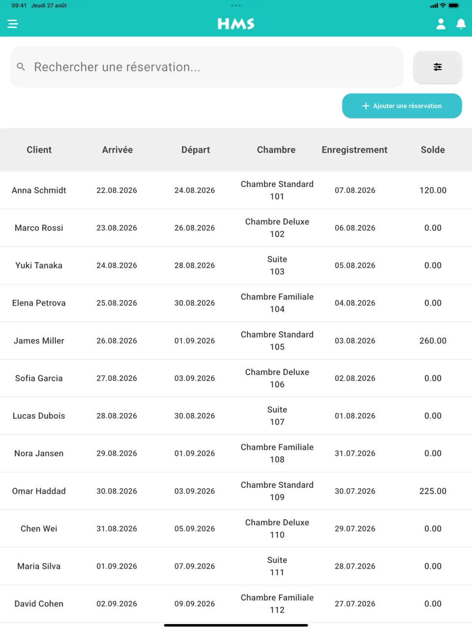 Application HMS Flow sur iPad — Réservations