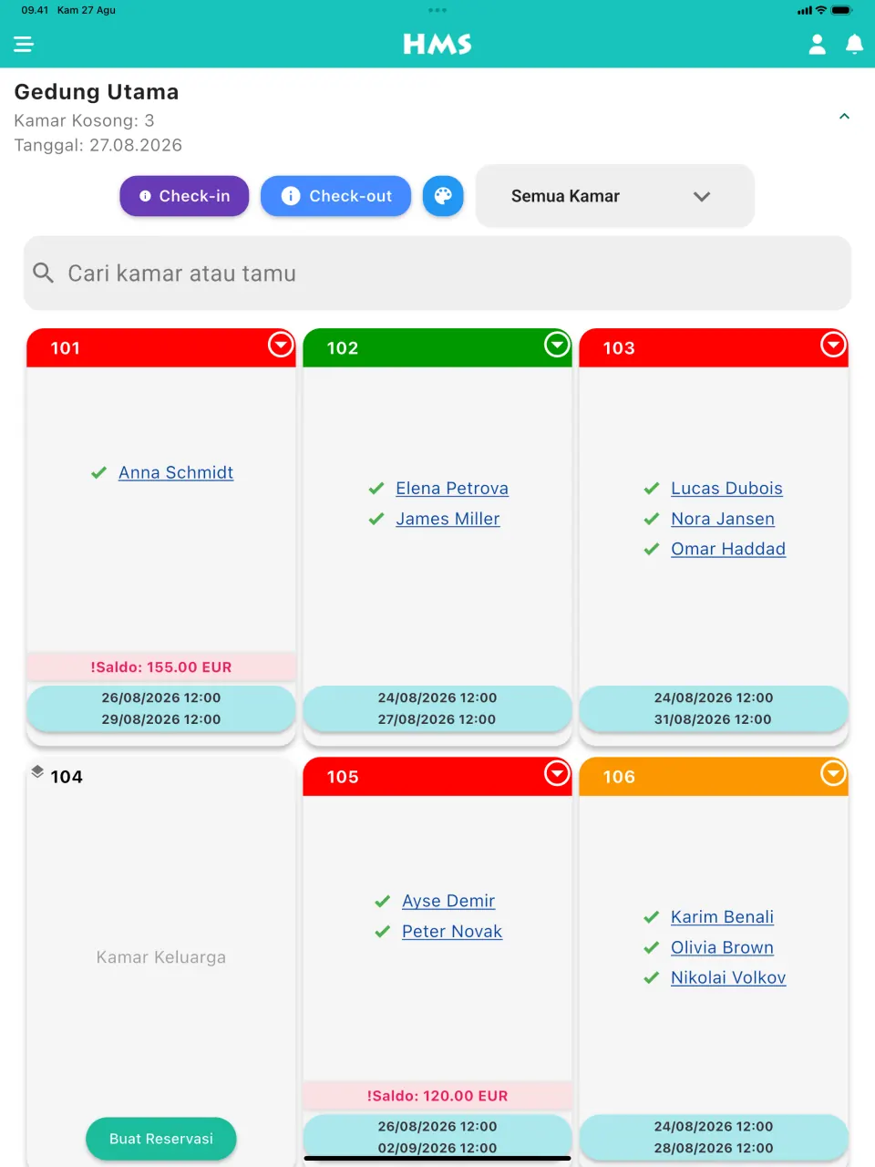 Aplikasi HMS Flow di iPad — Dasbor Kamar