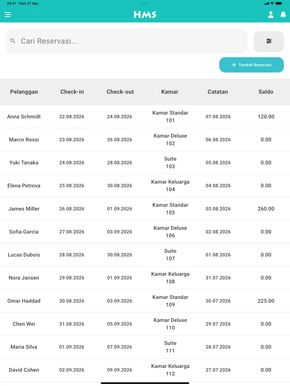 Aplikasi HMS Flow di iPad — Reservasi