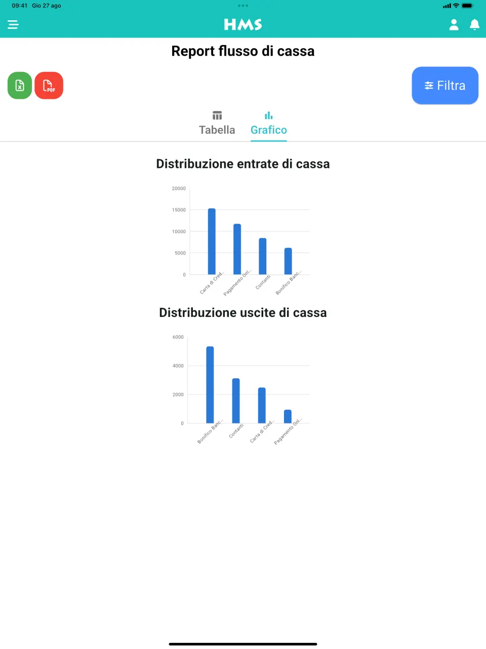 App HMS Flow su iPad — Flusso di cassa e grafici