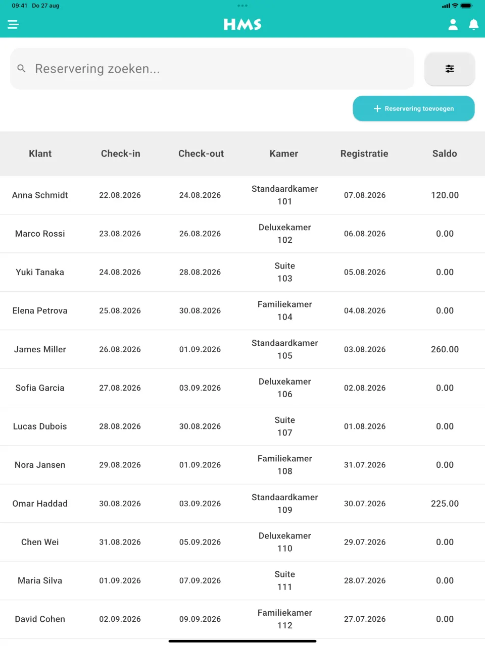 HMS Flow-app op iPad — Reserveringen