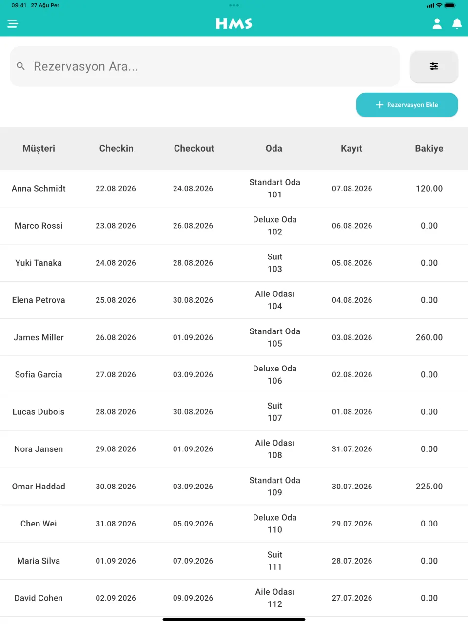 iPad üzerinde HMS Flow uygulaması — Rezervasyonlar
