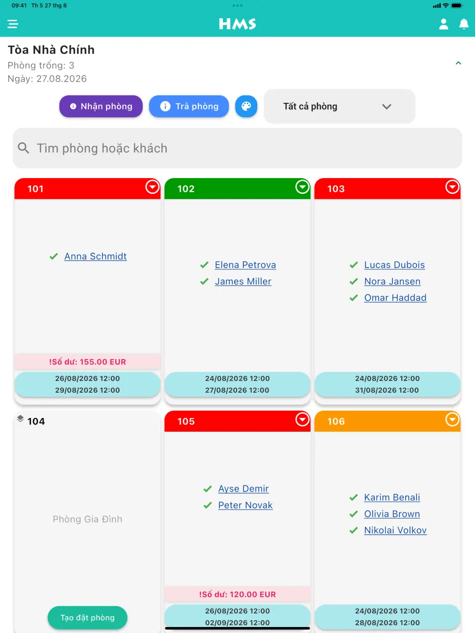 Ứng dụng HMS Flow trên iPad — Bảng phòng