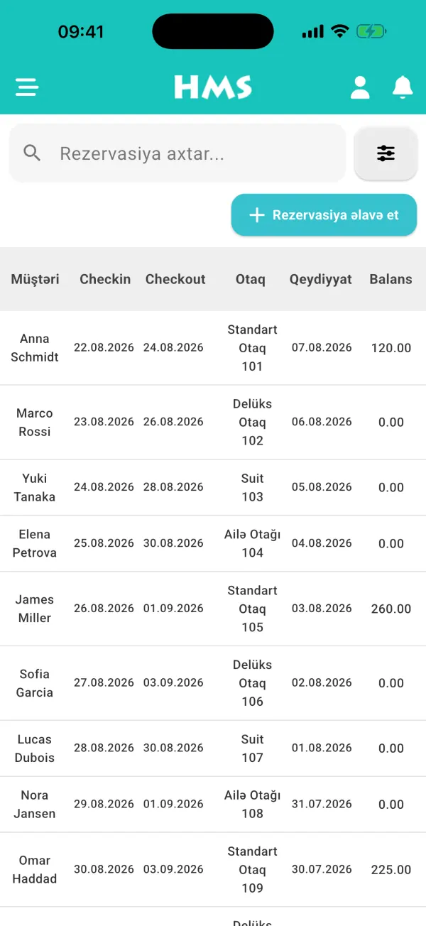 iPhone üzərində HMS Flow tətbiqi — Rezervasiyalar