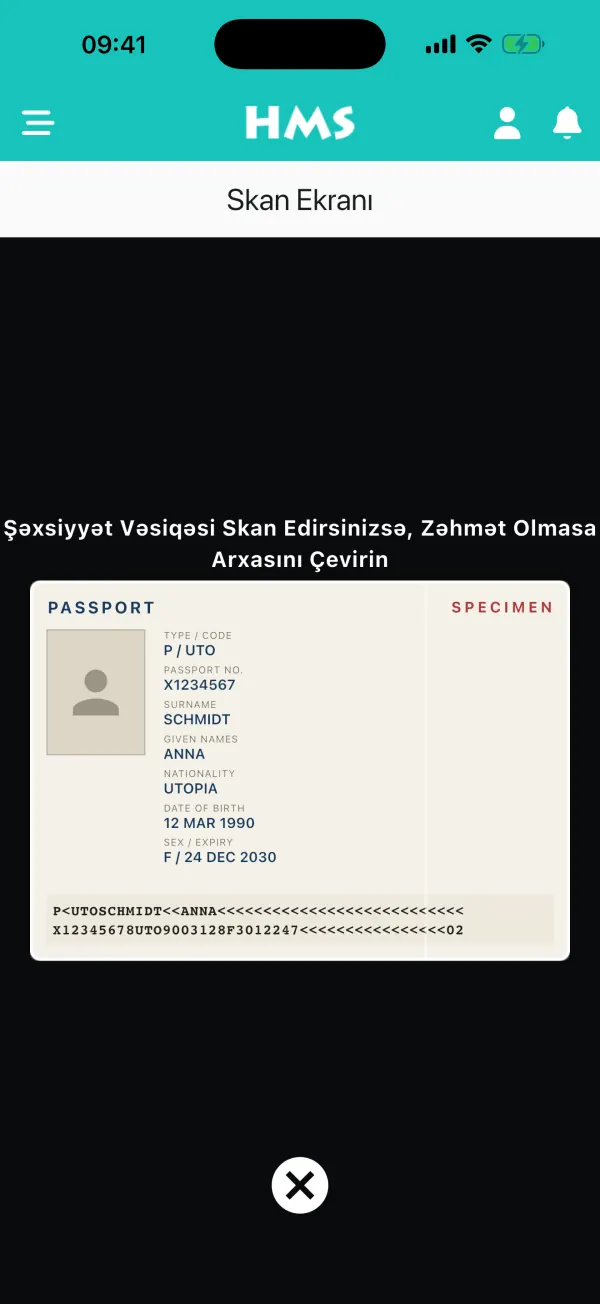 iPhone üzərində HMS Flow tətbiqi — Pasport və Şəxsiyyət Vəsiqəsi Skaneri