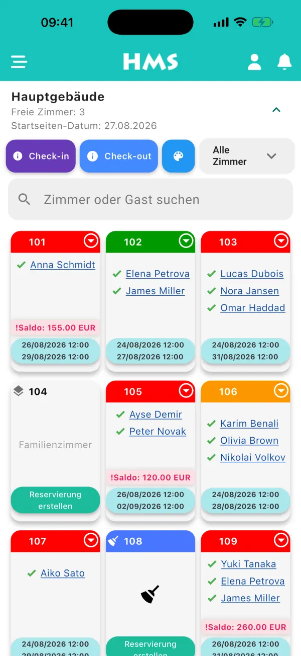 HMS Flow App auf iPhone — Zimmerübersicht