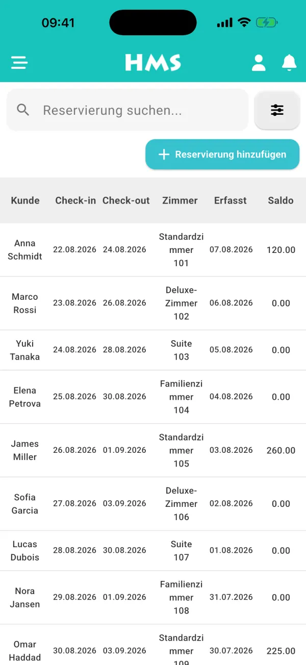 HMS Flow App auf iPhone — Reservierungen