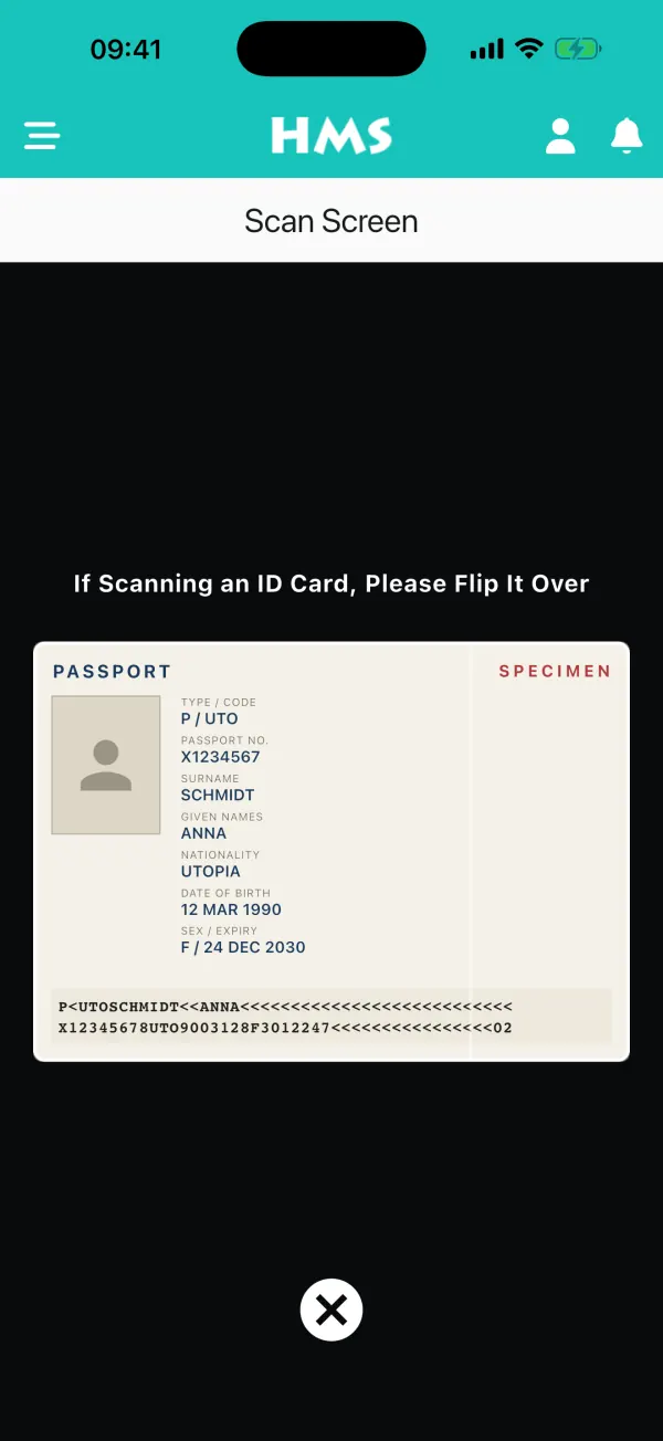 HMS Flow app on iPhone — Passport & ID Scanner