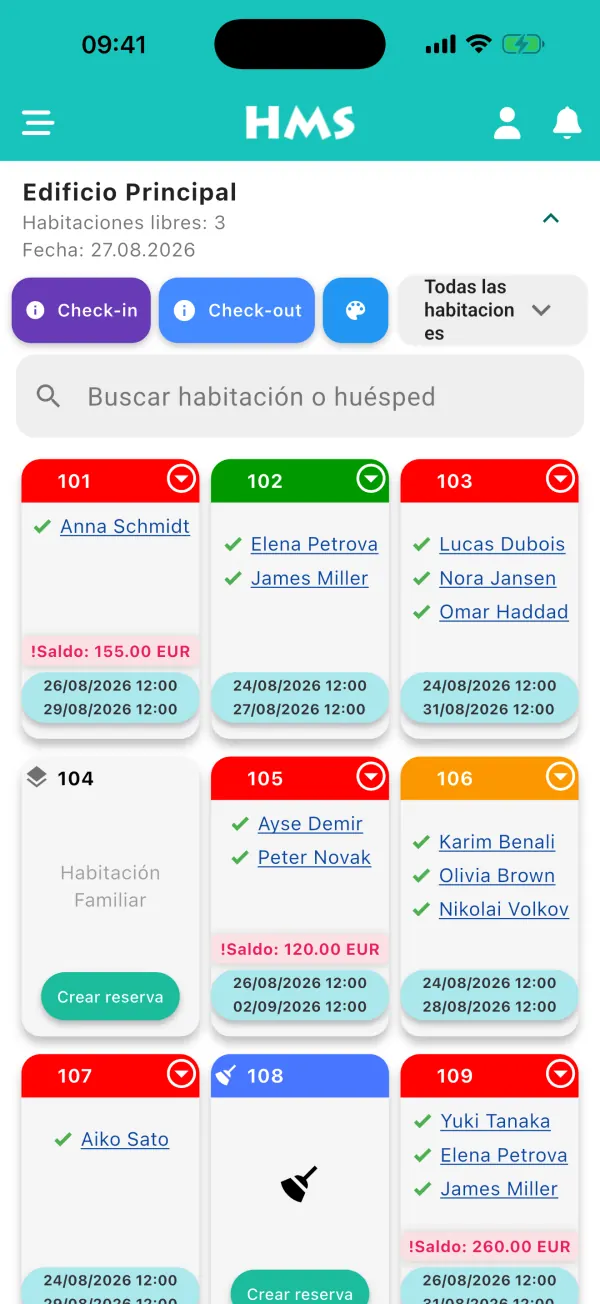 Aplicación HMS Flow en iPhone — Panel de habitaciones