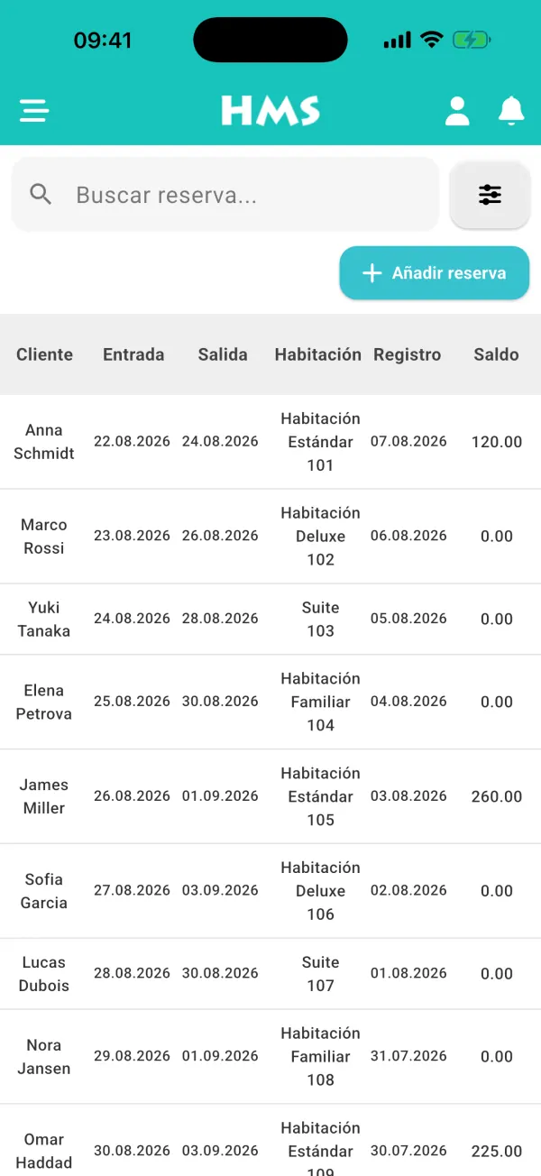 Aplicación HMS Flow en iPhone — Reservas