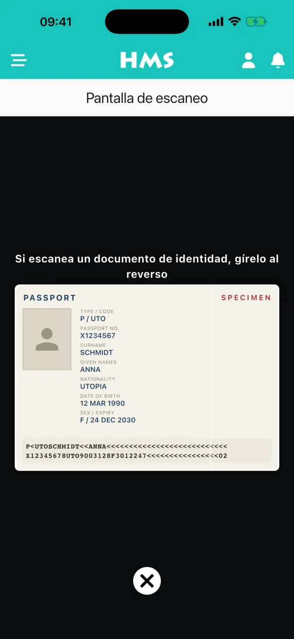 Aplicación HMS Flow en iPhone — Escáner de pasaportes y DNI