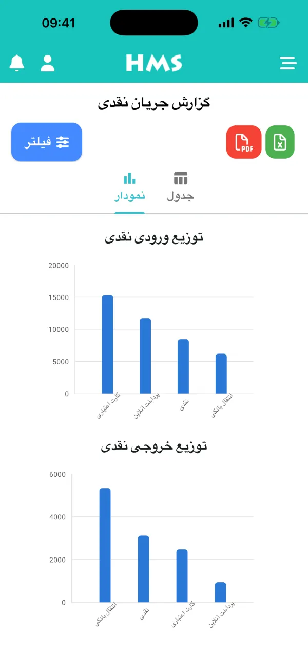 اپلیکیشن HMS Flow روی iPhone — جریان نقدی و نمودارها