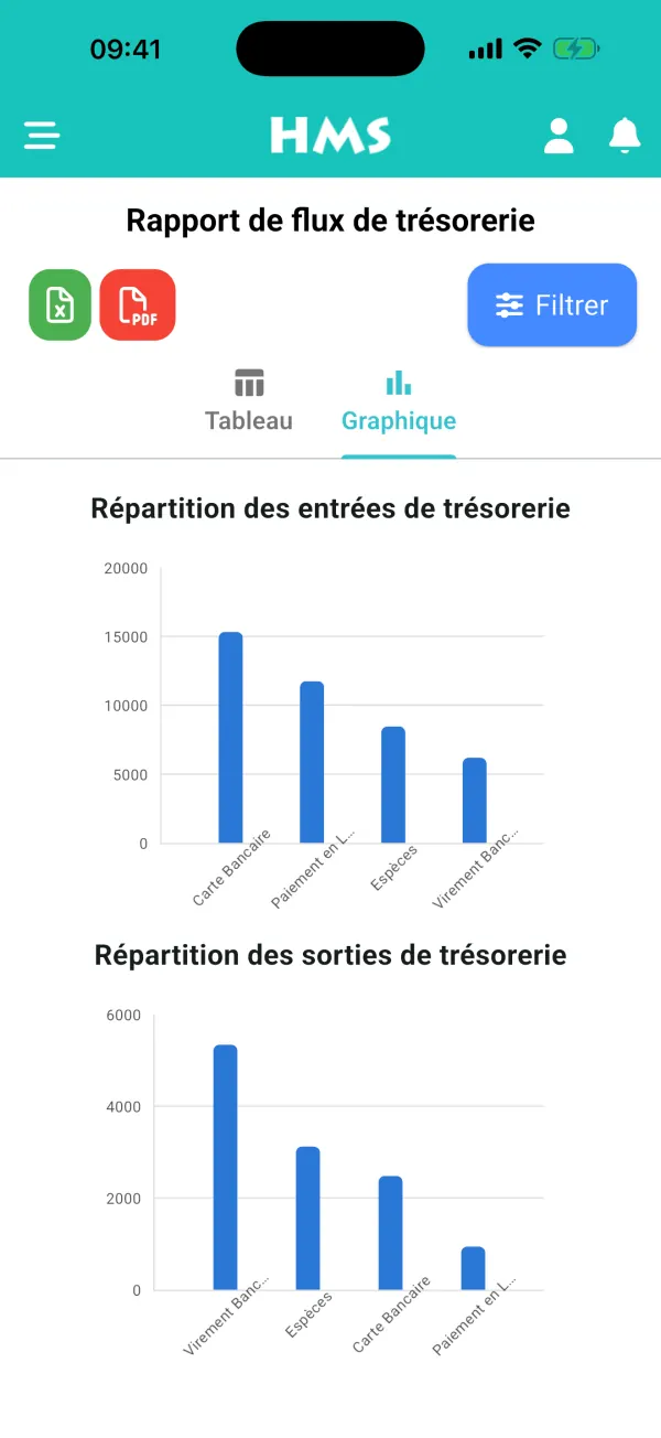 Application HMS Flow sur iPhone — Flux de trésorerie et graphiques