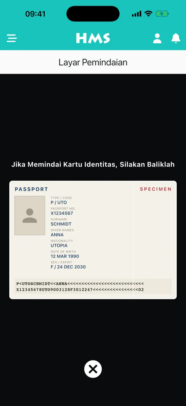 Aplikasi HMS Flow di iPhone — Pemindai Paspor & KTP